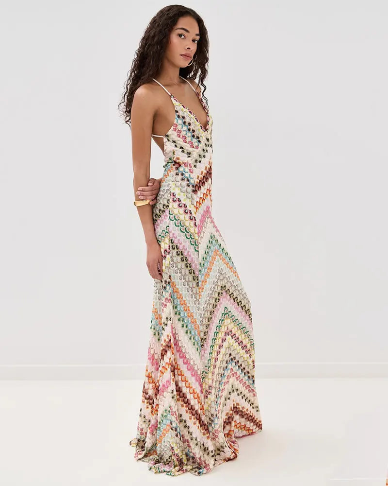 Crochet Halter Maxi Dress - V-Neck Backless Knit Dress