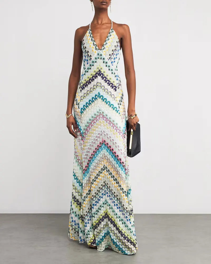 Crochet Halter Maxi Dress - V-Neck Backless Knit Dress