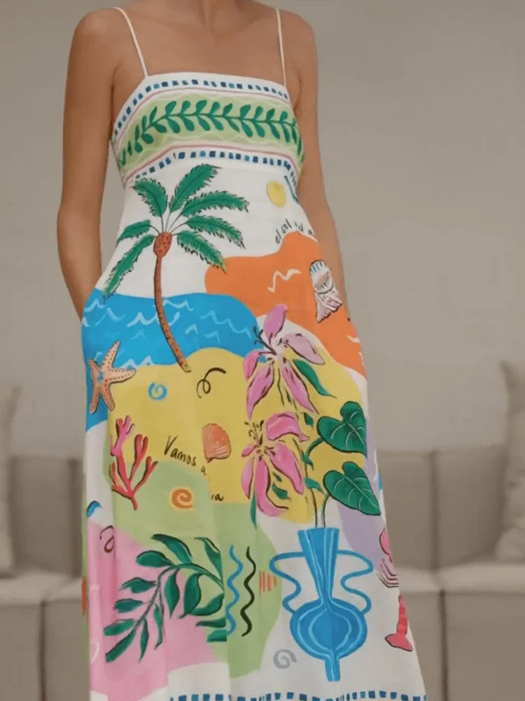 Colorful dress with tropical patterns on a neutral background