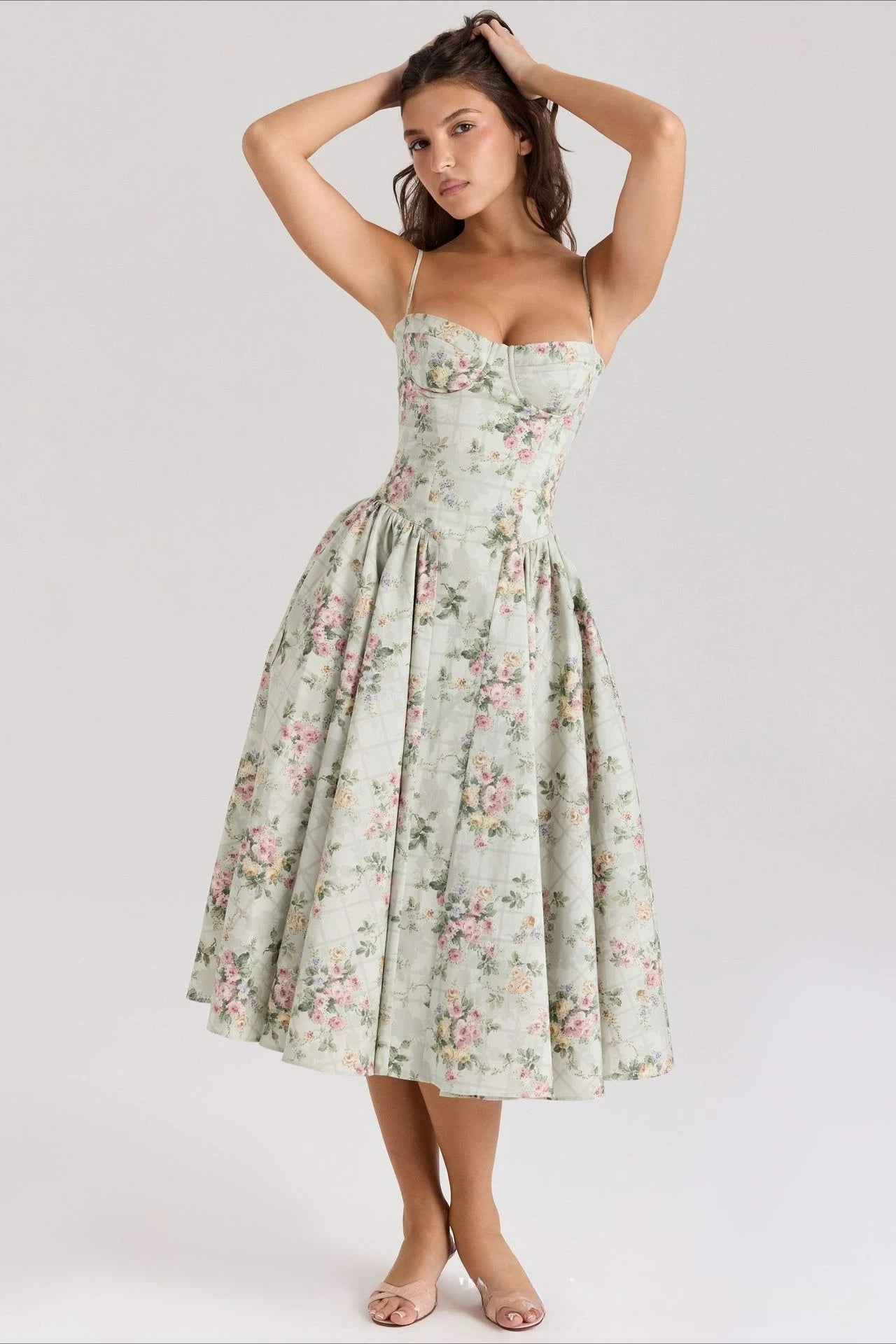Floral Print Corset Midi Dress - Cottagecore Style