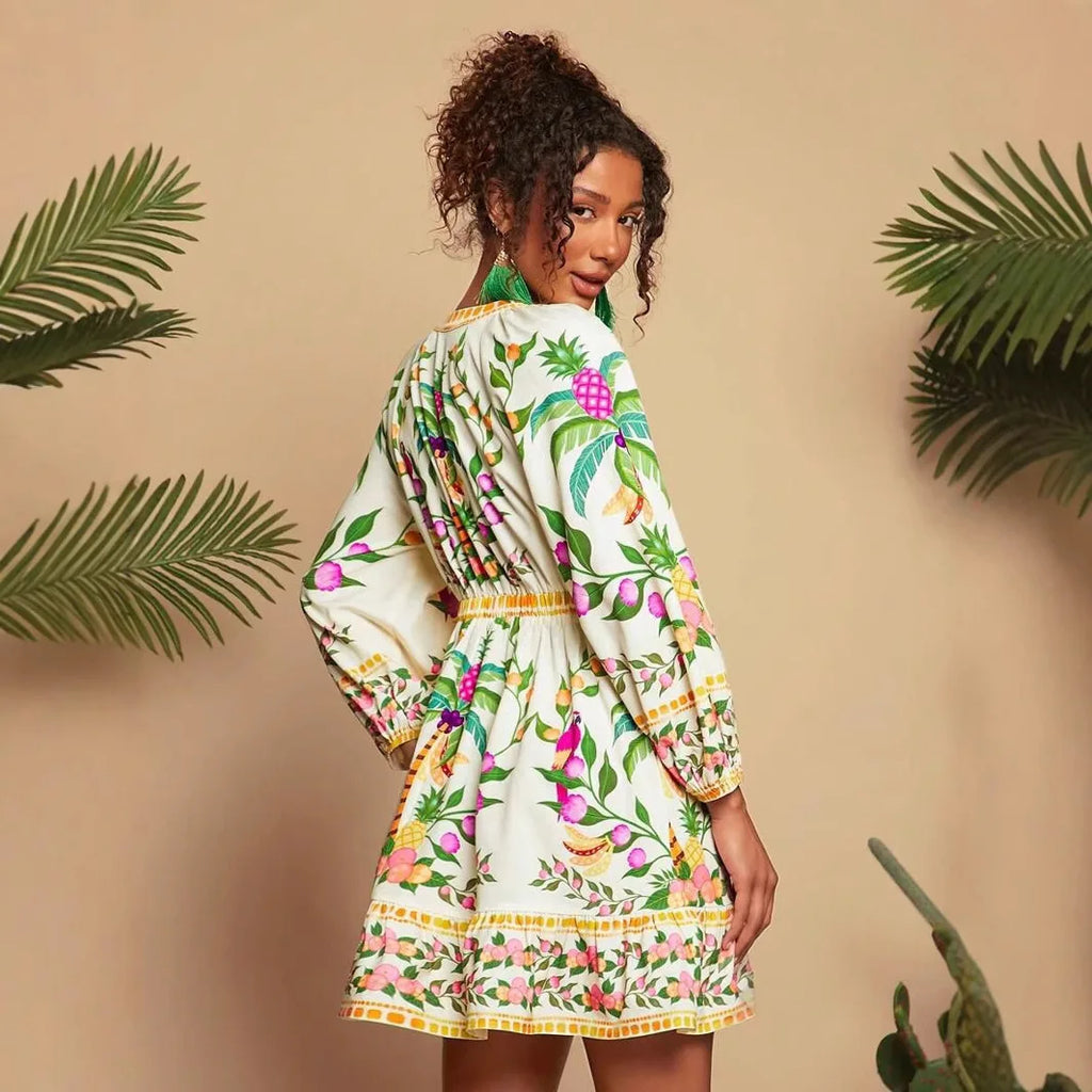 Floral Print V-Neck Midi Dress - 3/4 Sleeve High Waist Boho