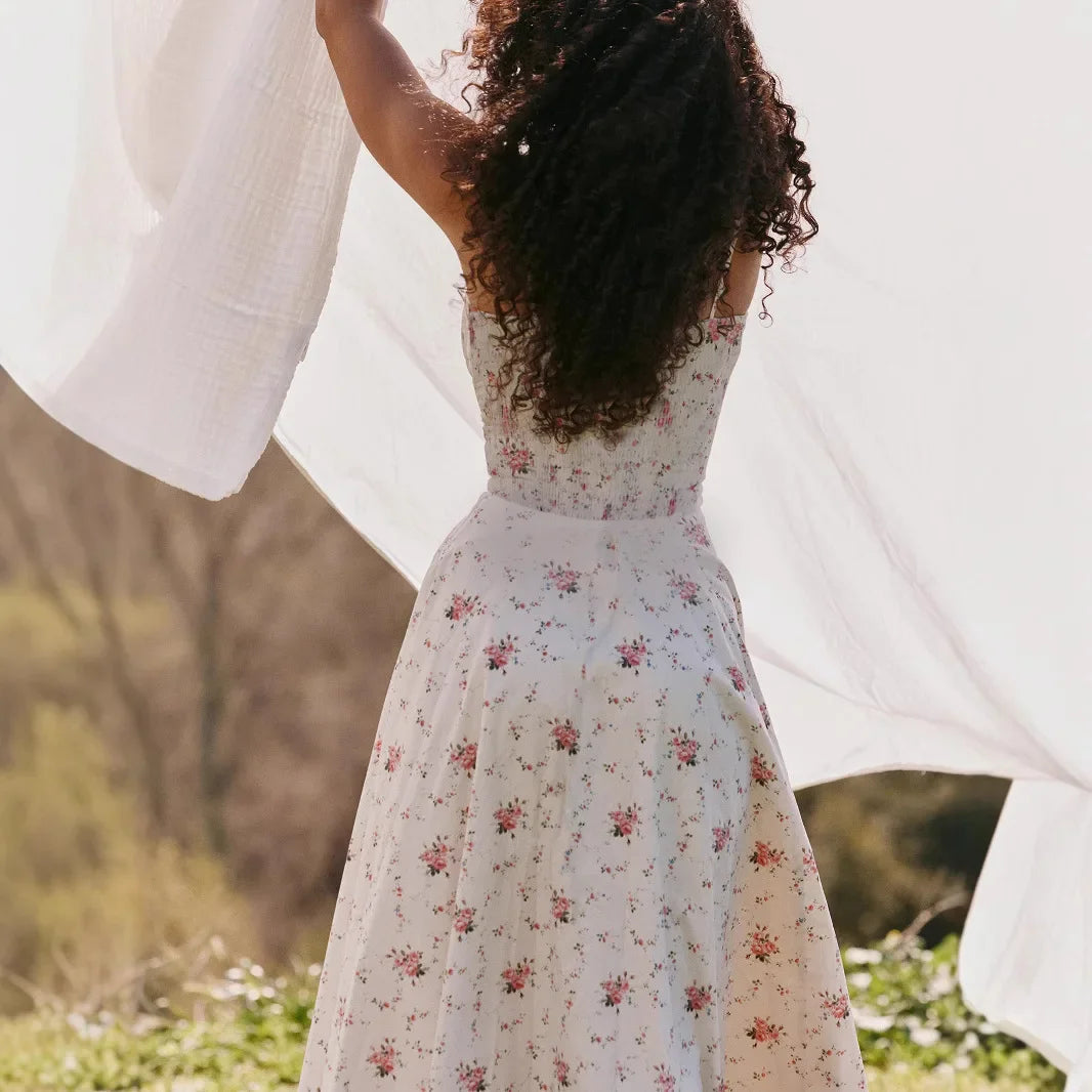 Embroidered Midi Dress - V-Neck Sleeveless with Belt - Cottagecore Style