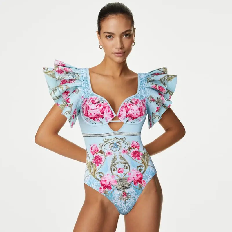 Lemon Floral Print Swimsuit - Ruffle Cutout Beachwear