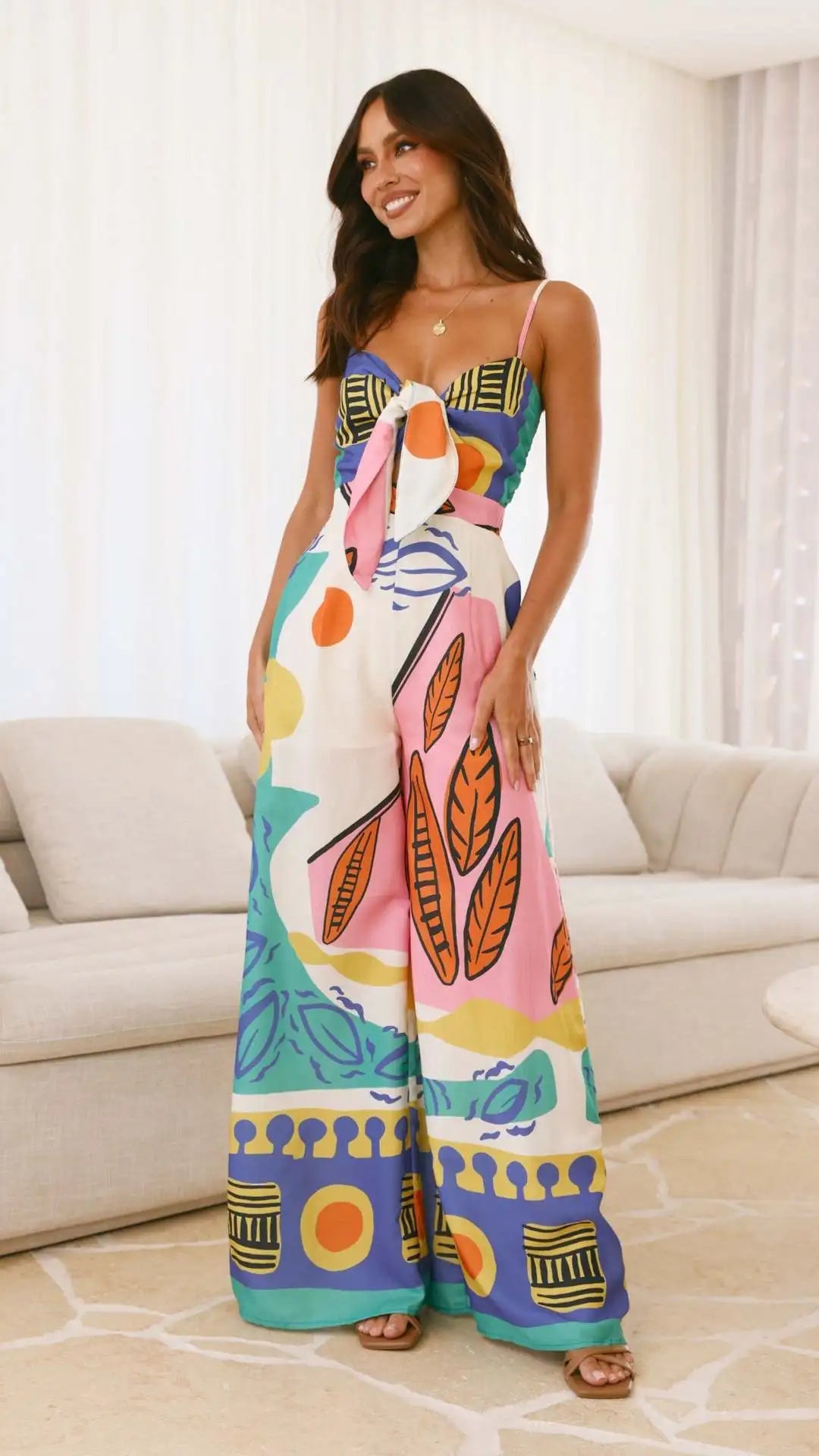 Printed Spaghetti Strap Jumpsuit - Lace-Up Wide Leg Boho Romper