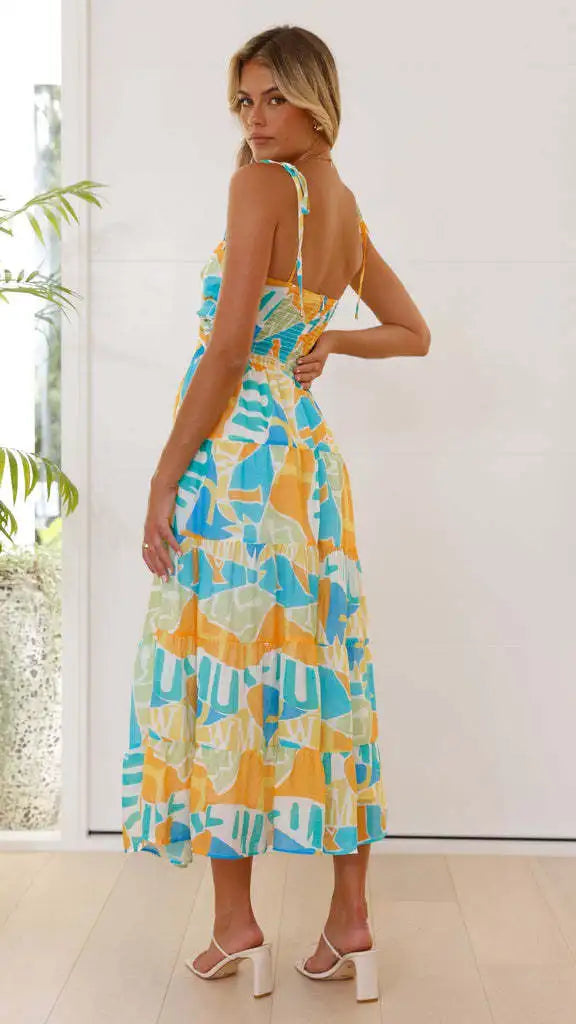 Floral Print Maxi Dress - A-Line Strap Vacation Dress