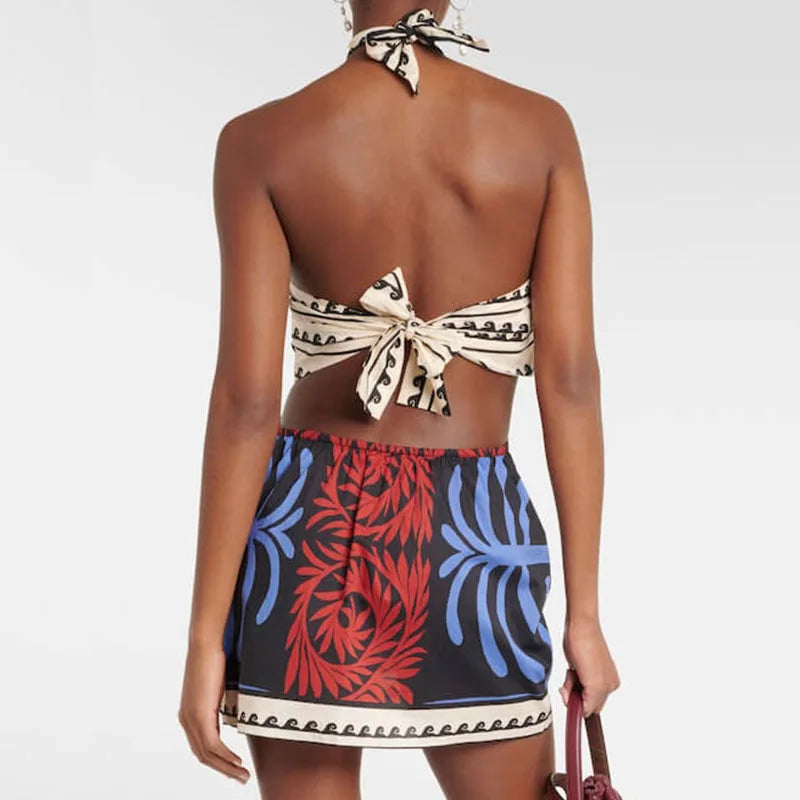 Printed Halter Mini Dress - Lace-Up Backless Bohemian Summer Dress