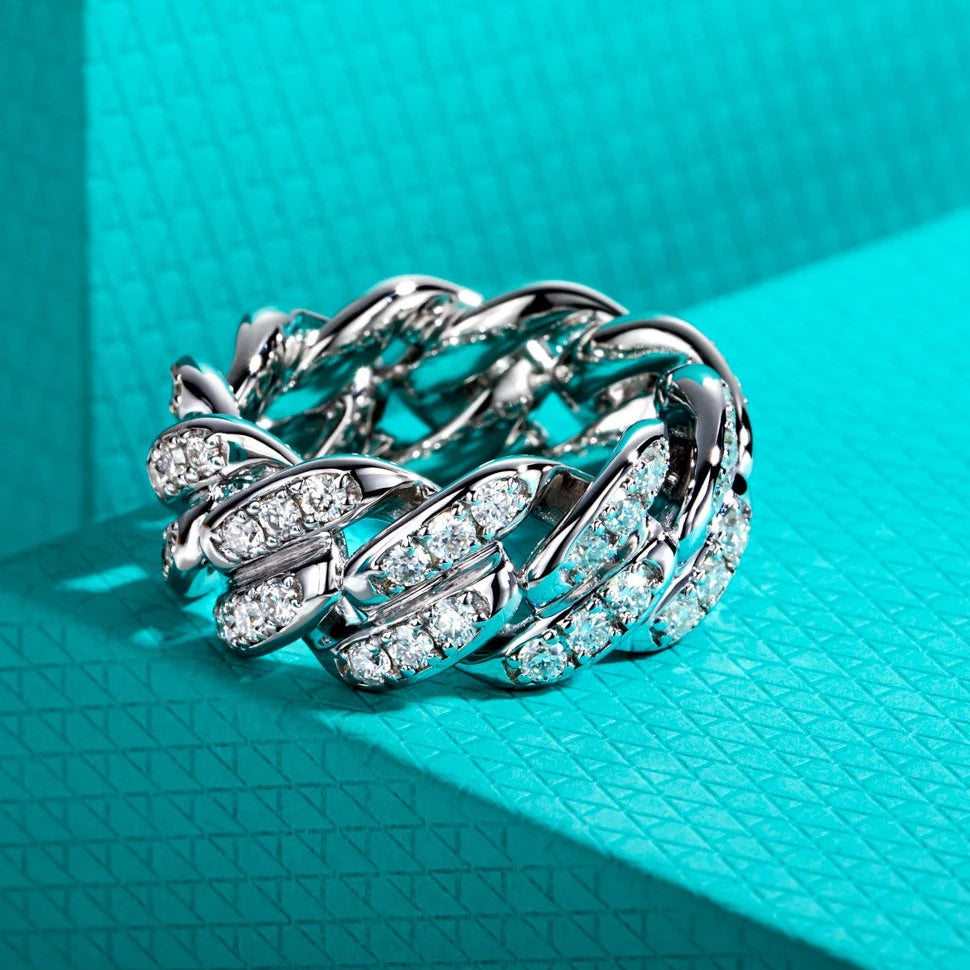 Moissanite Cuban Link Eternity Band - 925 Sterling Silver Unisex Wedding Ring