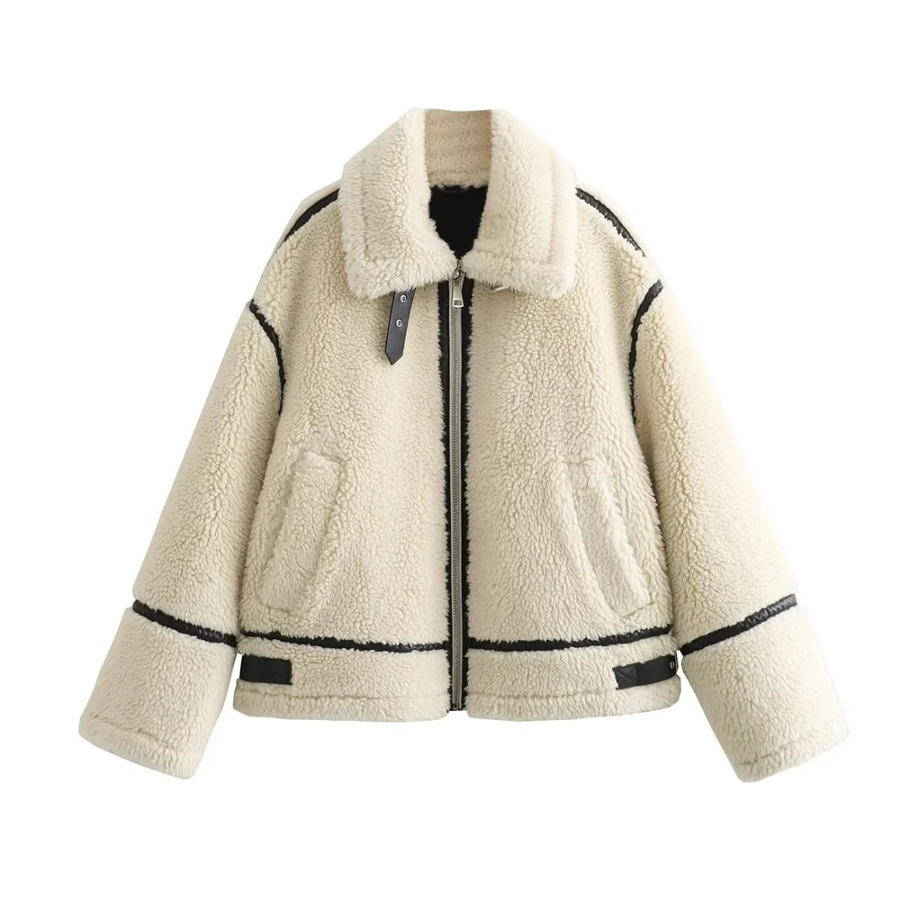 Beige sherpa jacket with black accents on a white background