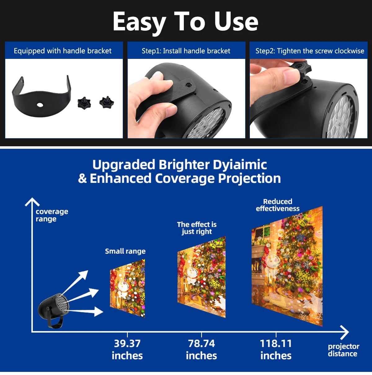 Product installation guide with features and benefits on a blue background