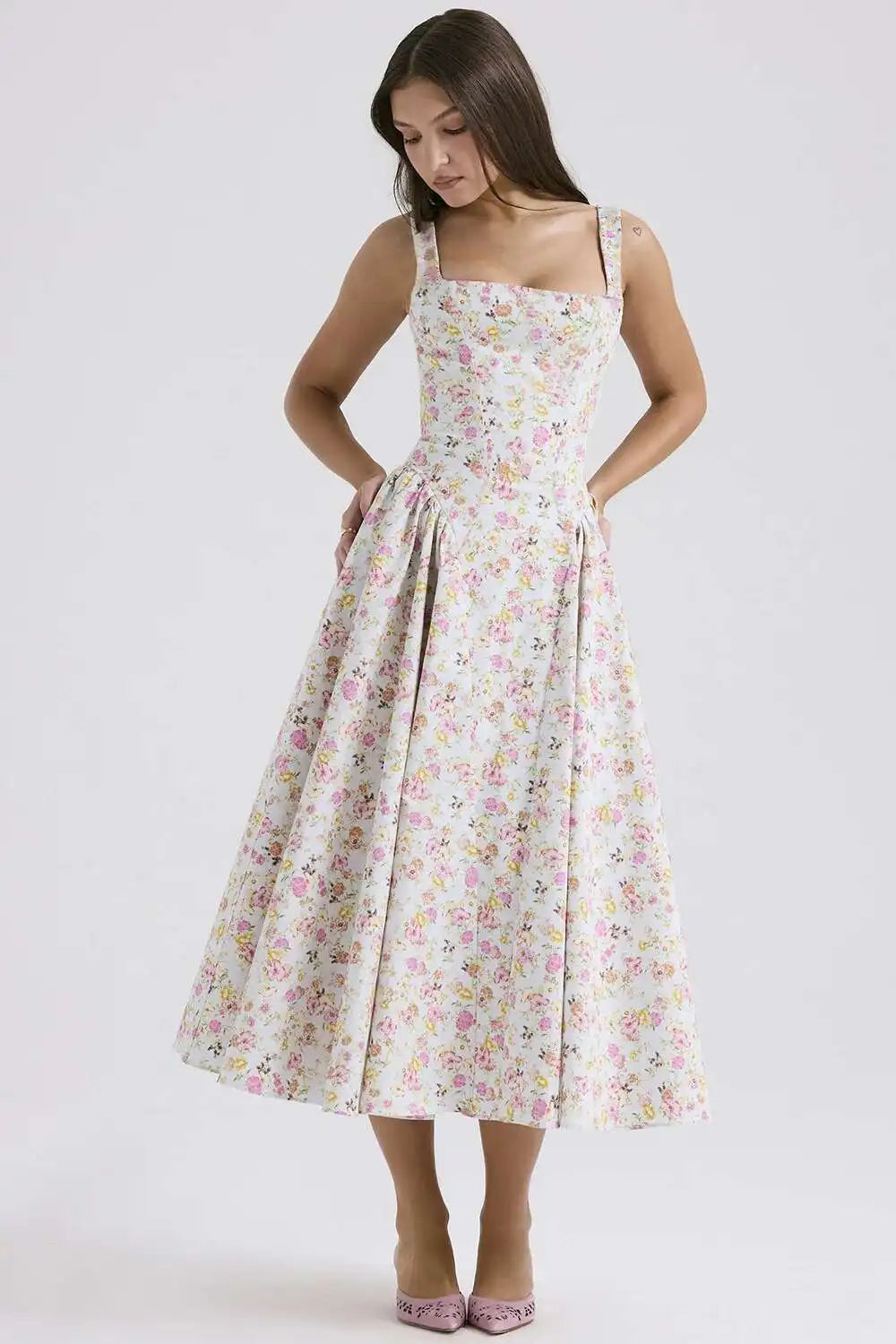 Floral Print A-Line Midi Dress - Spaghetti Strap Backless - Cottagecore Style