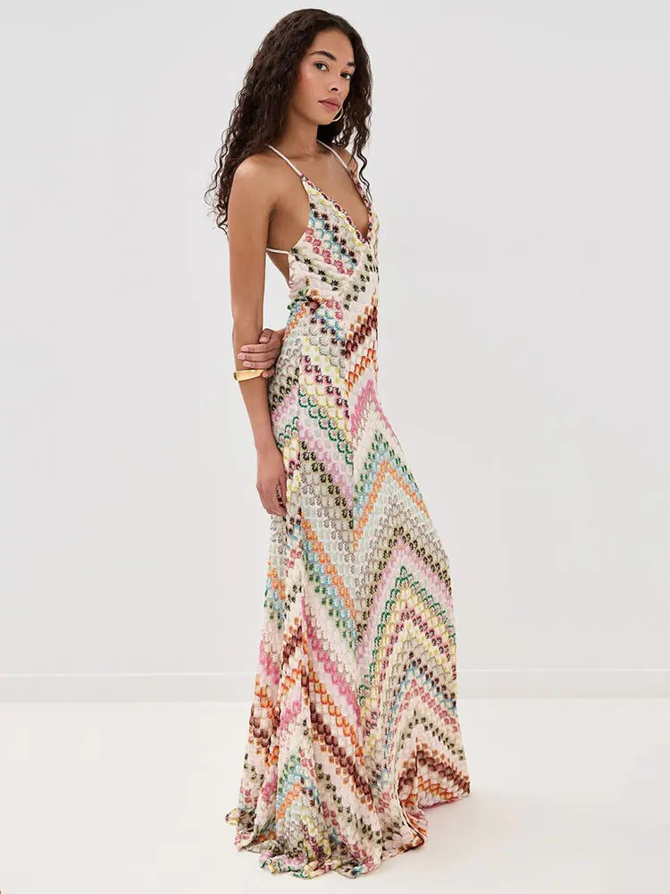 Crochet Halter Maxi Dress - V-Neck Backless Knit Dress
