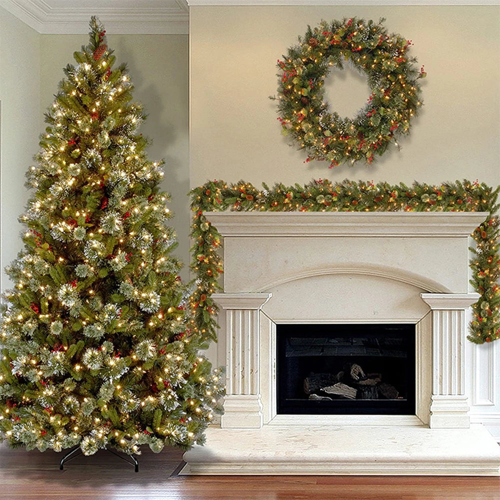Decorated Christmas tree and wreath in a living room with a fireplace.