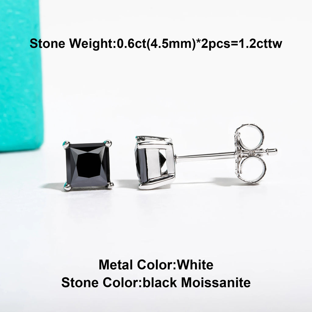 Black moissanite stud earrings with white metal on a light gray background