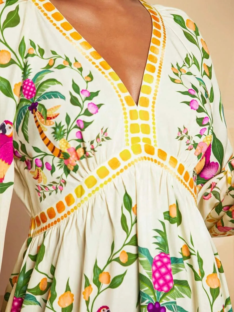 Floral Print V-Neck Midi Dress - 3/4 Sleeve High Waist Boho