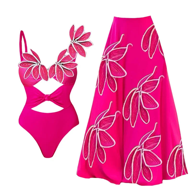 3D Flower Neck Swimsuit - Elegant Beachwear