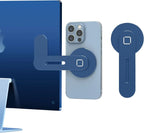 Set of blue Apple products including a computer, phone, and earbuds on a white background