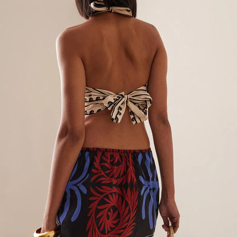 Printed Halter Mini Dress - Lace-Up Backless Bohemian Summer Dress