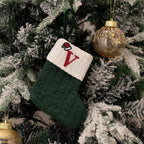 Green knitted Christmas stocking with a red 'V' and white cuff hanging on a decorated tree.