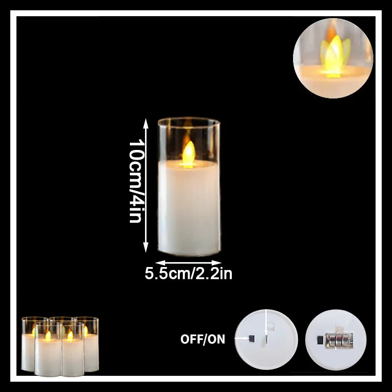 White LED candle with dimensions and switch illustration on a black background