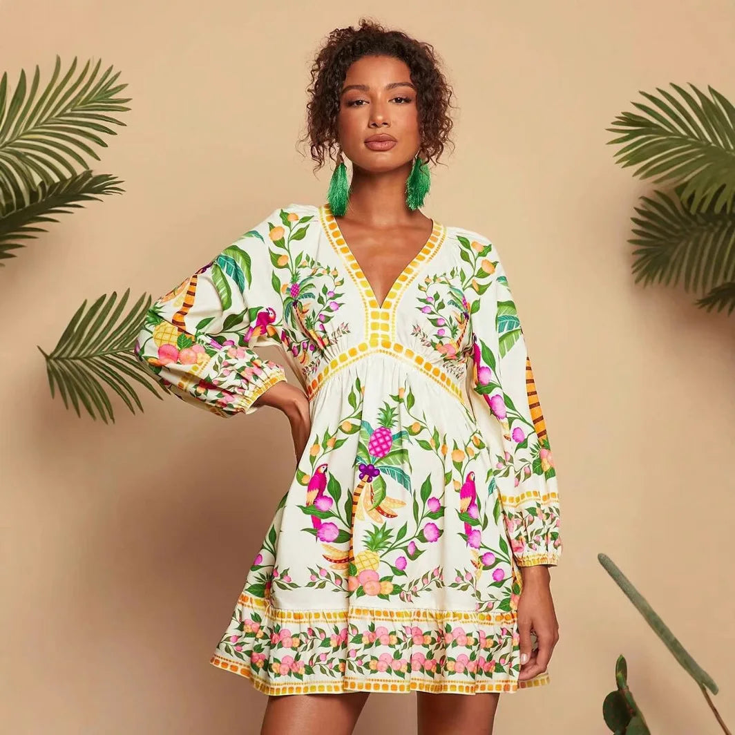 Floral Print V-Neck Midi Dress - 3/4 Sleeve High Waist Boho