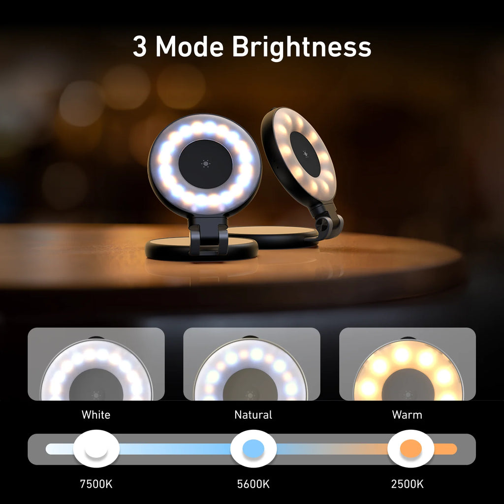 Two ring lights on a wooden surface with brightness mode indicators below.