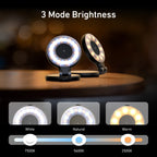 Two ring lights on a wooden surface with brightness mode indicators below.