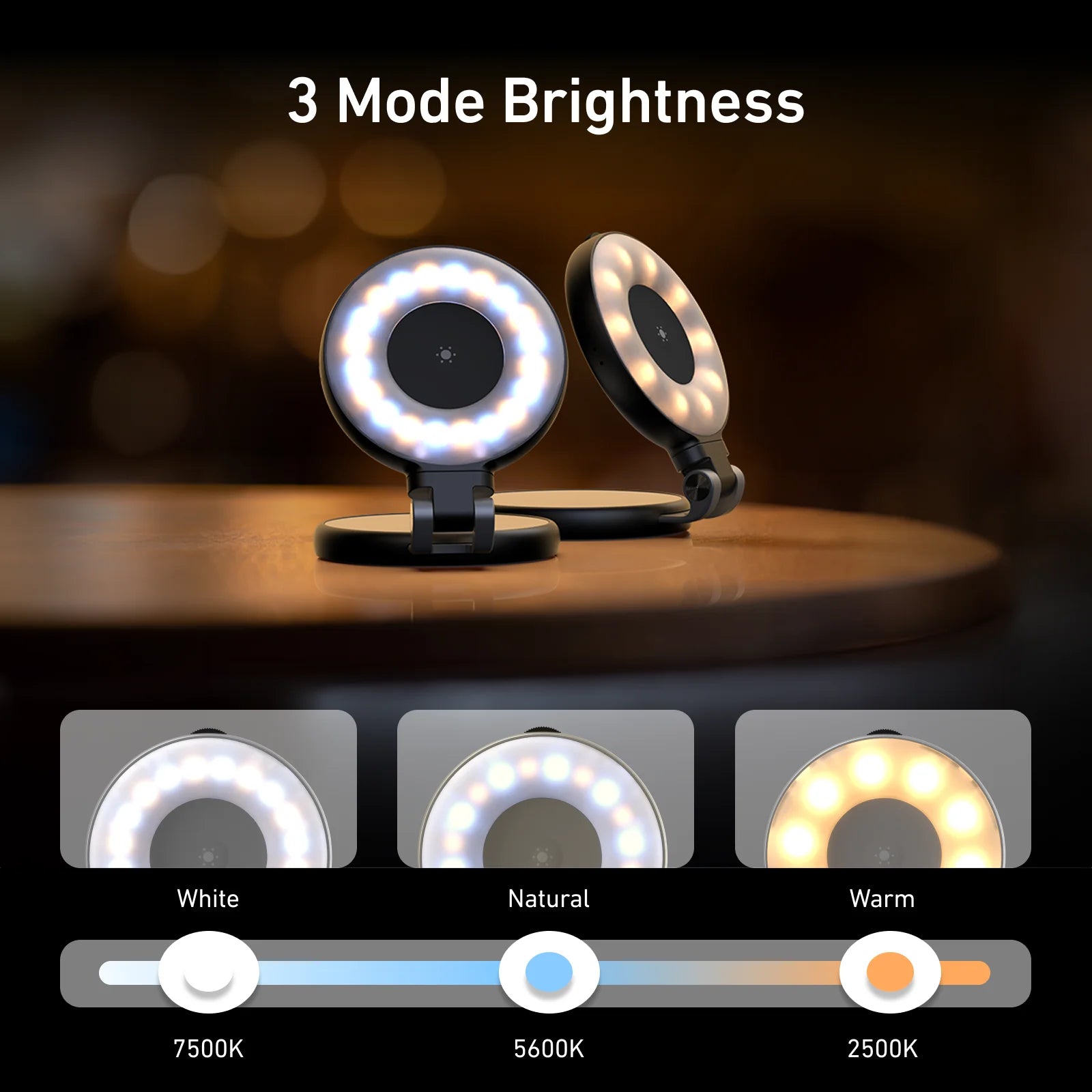 Two ring lights on a wooden surface with brightness mode indicators below.