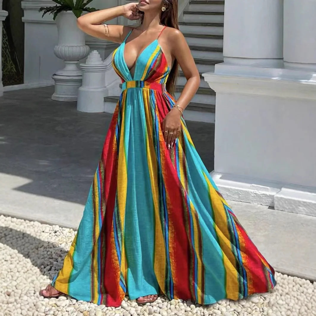 Printed Halter Maxi Dress Set - Bold V-Neck Summer Dress