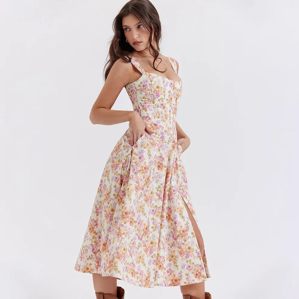 Floral Print A-Line Corset Midi Dress - Cottagecore Style