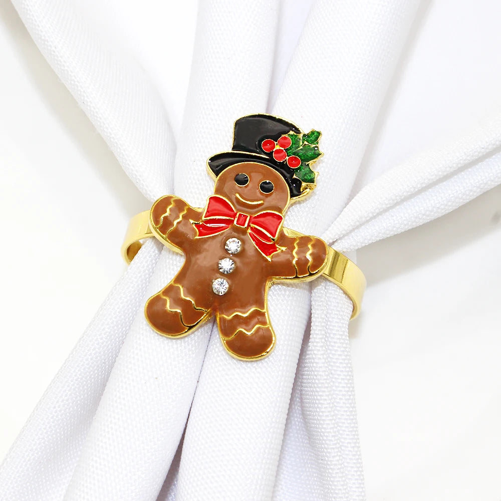 Gingerbread man napkin ring with a top hat and bow tie on a white cloth background