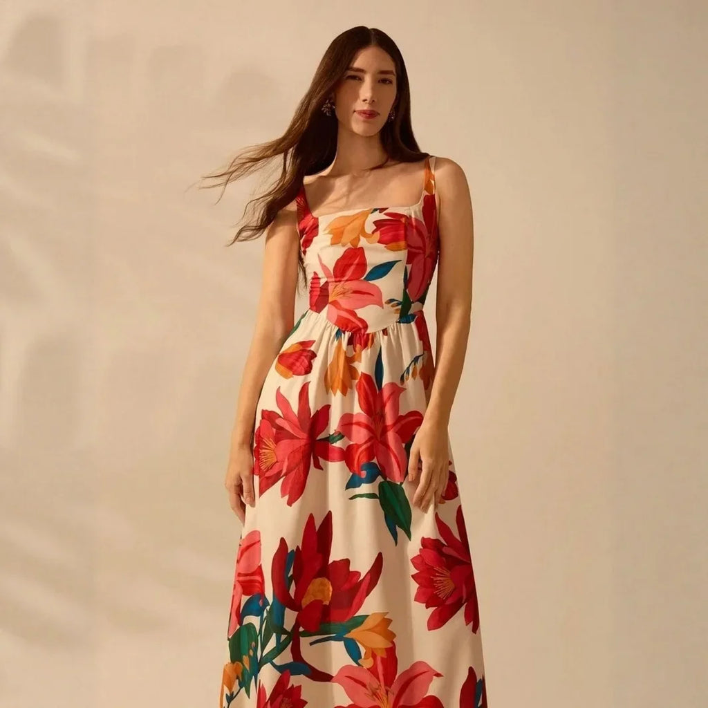 Floral Print A-Line Maxi Dress - Square Collar Sleeveless