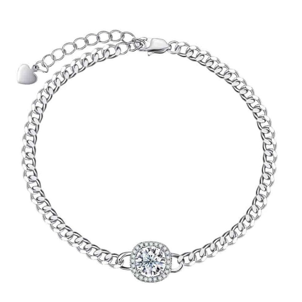 Silver bracelet with a central gemstone on a white background, featuring the ANU JEWEL brand.