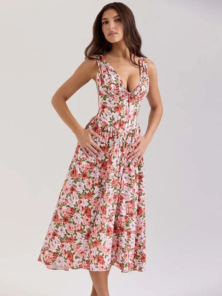 Print A-Line Midi Dress with V-Neck - Cottagecore Style