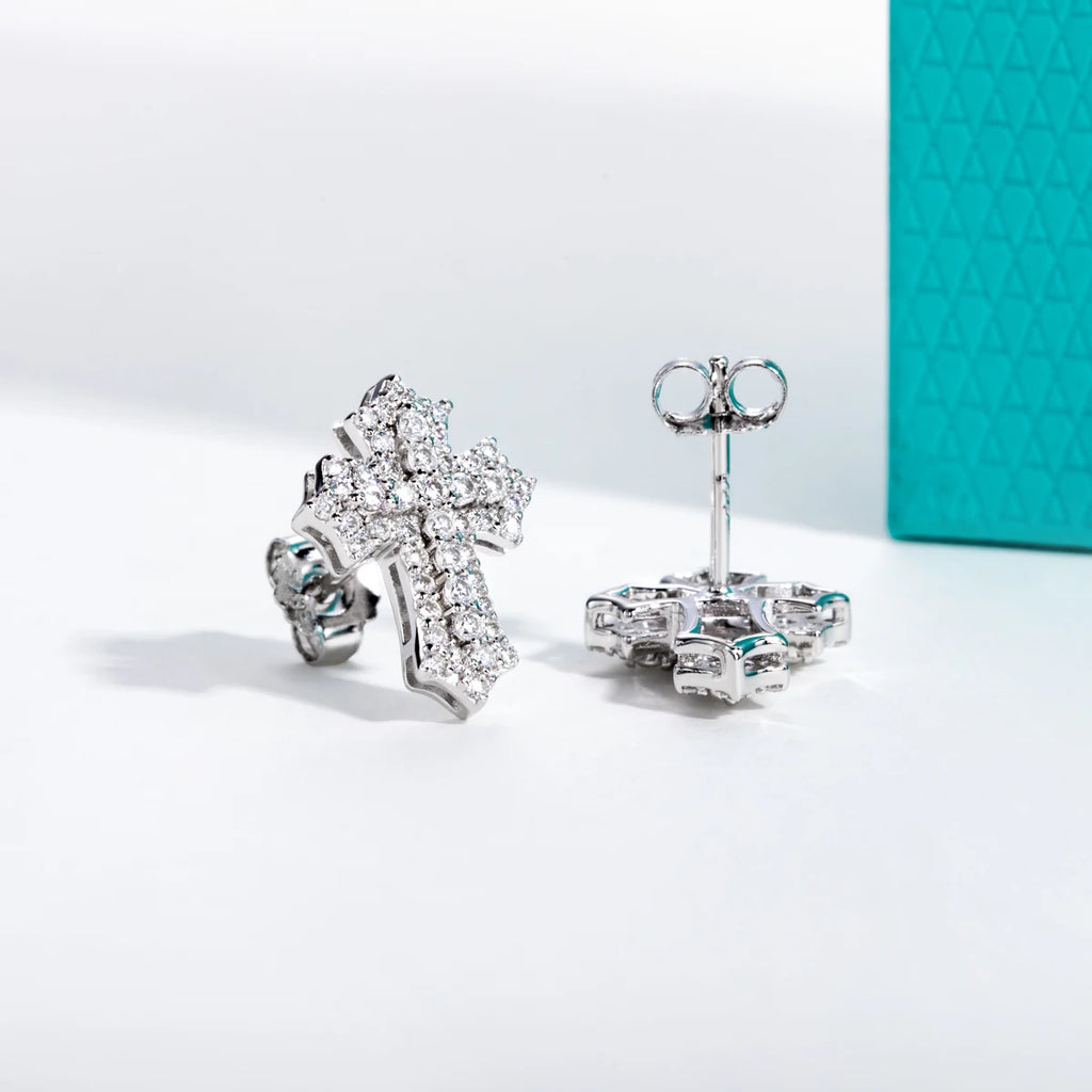 0.78ct Iced Out Moissanite Cross Stud Earrings - 925 Sterling Silver