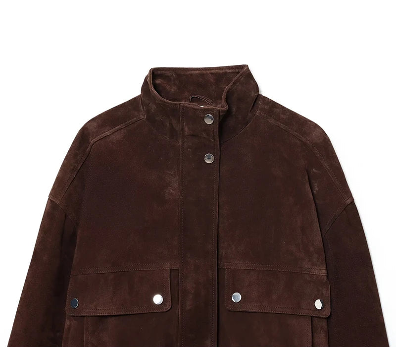 Brown suede jacket with button details on a white background