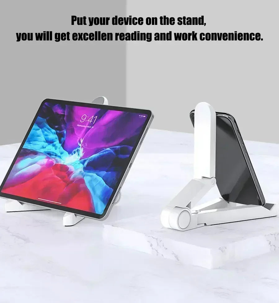 Tablet stand holding a tablet on a white surface with text about device convenience.
