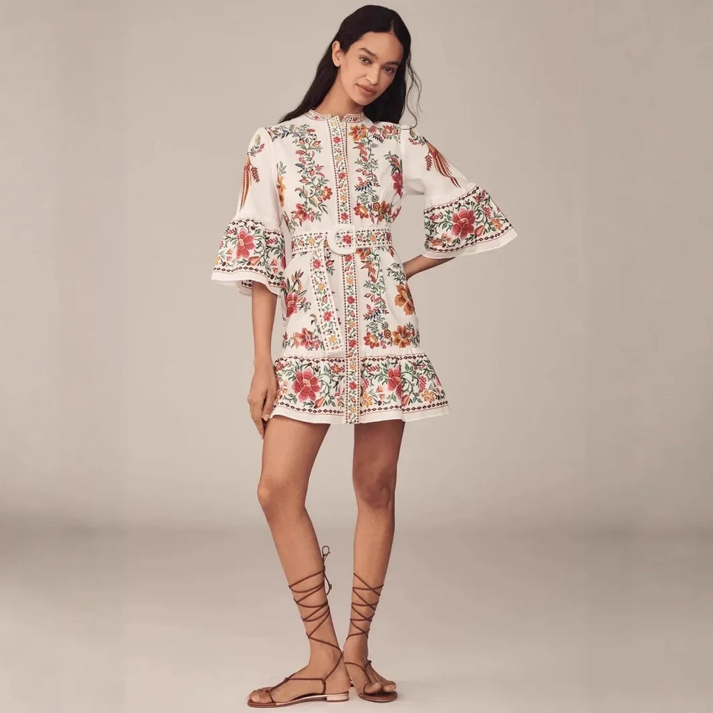 Floral Print V-Neck Linen Maxi Dress - Lantern Sleeve Waist-Cinching