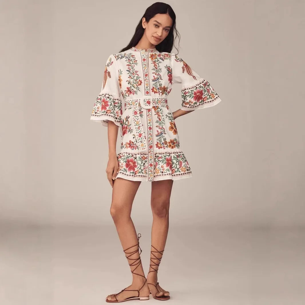 Floral Print V-Neck Linen Maxi Dress - Lantern Sleeve Waist-Cinching