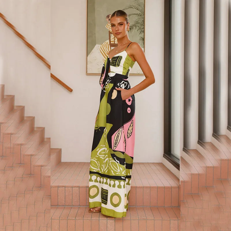 Printed Spaghetti Strap Jumpsuit - Lace-Up Wide Leg Boho Romper
