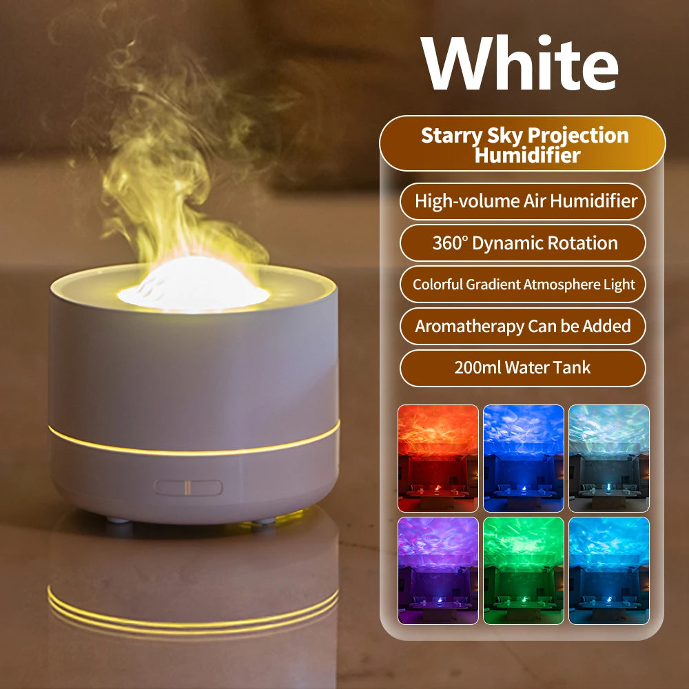 Starry Sky Projection Humidifier with colorful gradient lights on a reflective surface.