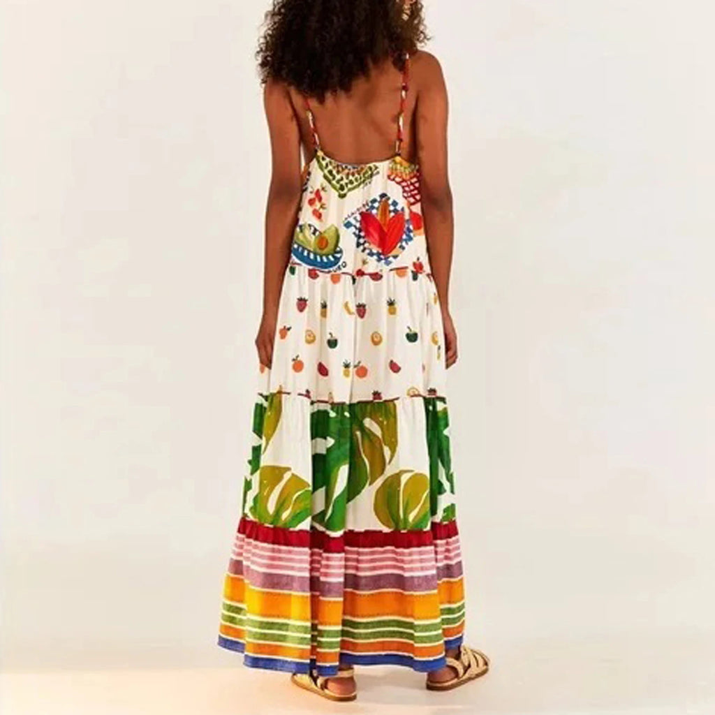 Tropical Fruit Print Maxi Dress - Spaghetti Strap Backless Summer Dress