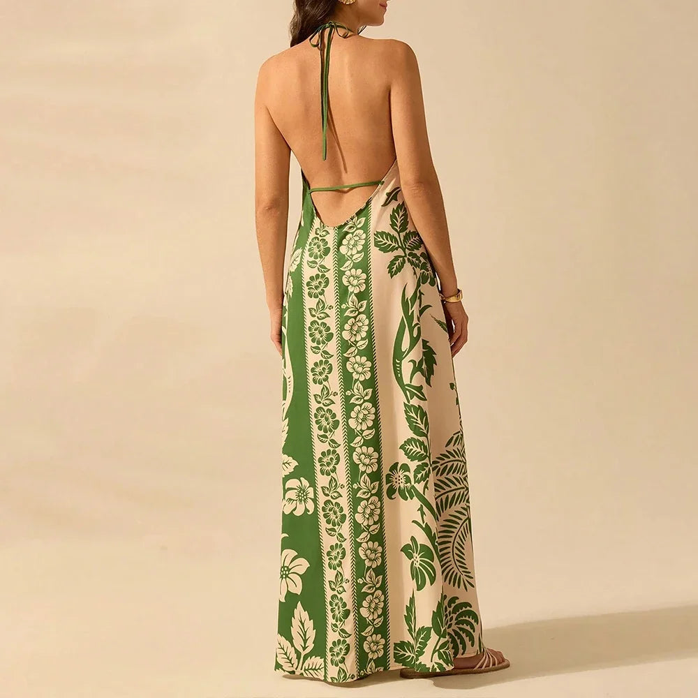 Graphic Print Halter Maxi Dress - Lace-Up Back Dress