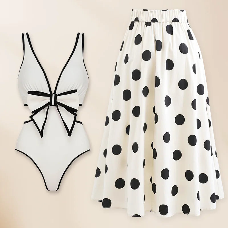 3D Bow-Tie Decor Swimsuit - Black and White Beachwear
