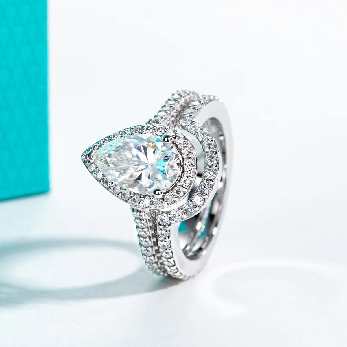 4.83ct Pear Cut D-Color Moissanite Halo Bridal Ring Set - 925 Sterling Silver