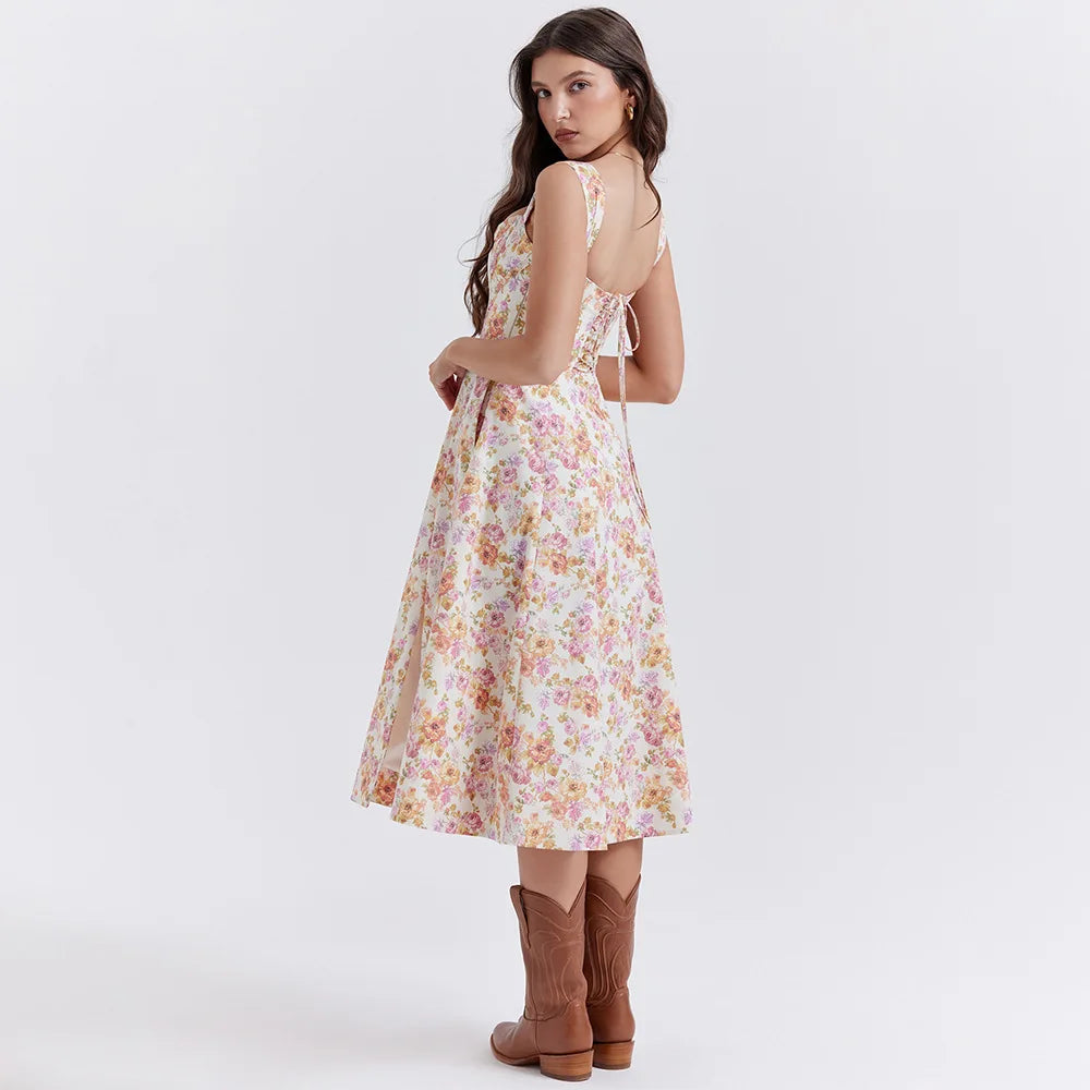 Floral Print A-Line Corset Midi Dress - Cottagecore Style