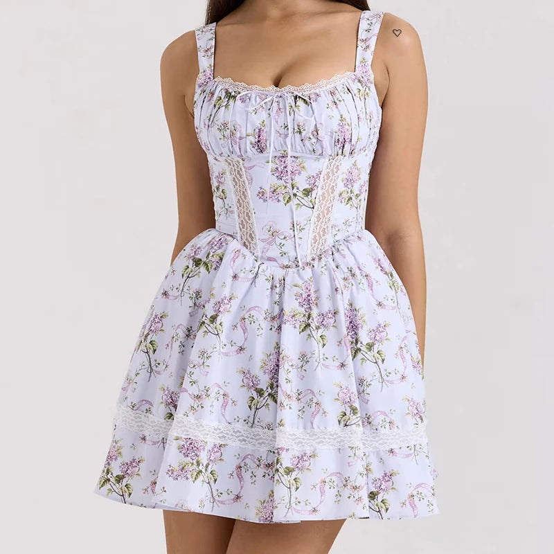 French Style Floral Print Lace Dress - Cottagecore Style