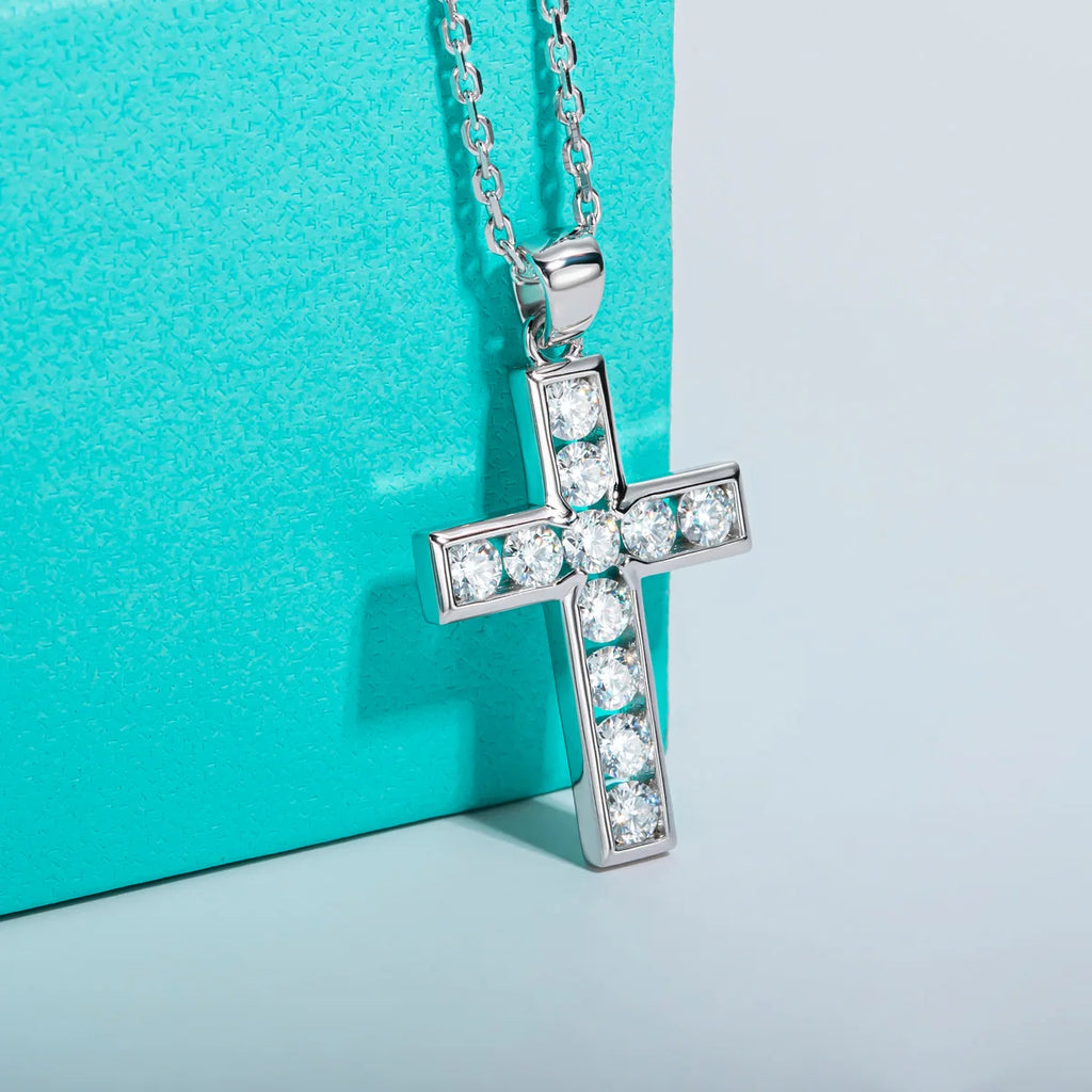 Moissanite Cross Pendant Necklace - 925 Sterling Silver 2.2ct