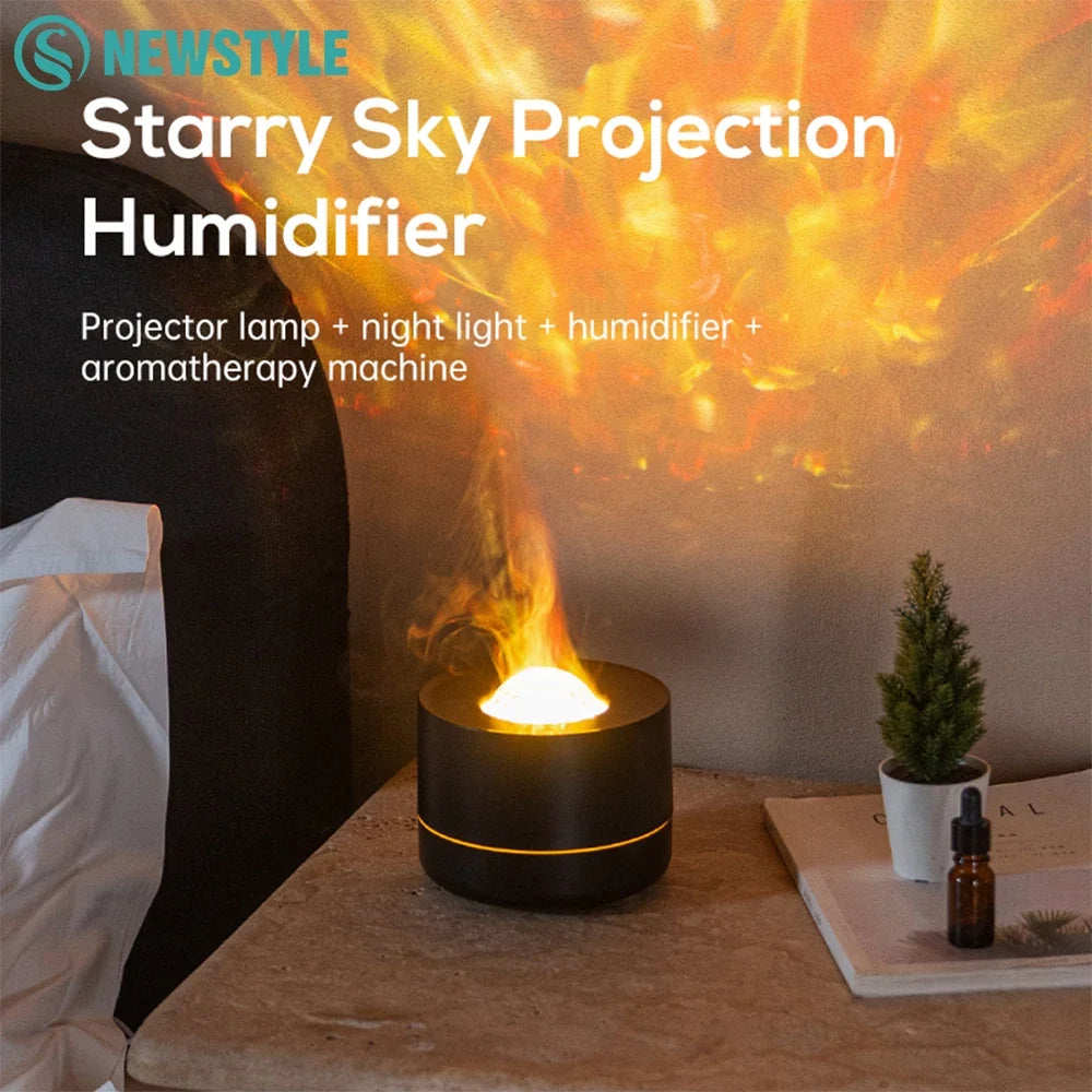 Starry Sky Projection Humidifier on a bedside table with night light and aromatherapy functions.