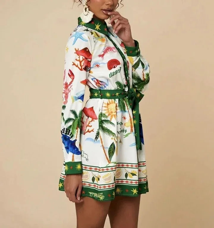 Floral Print Linen Shirt Dress - Knot Waist Midi Length