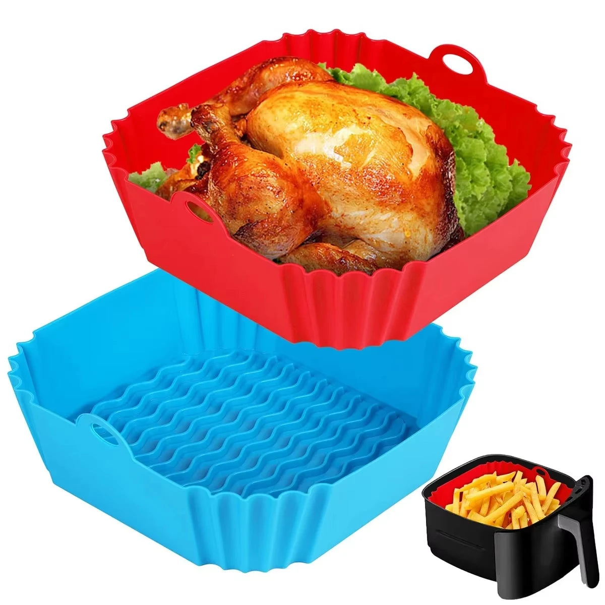 Silicone baking trays in red, blue, and black with food items on a white background